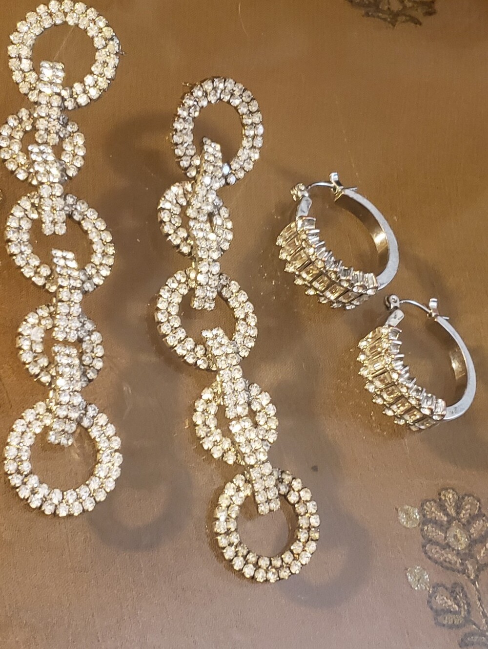 Bling!Bling! Rhinestone Dangles and Thick Hoop Earring Bundle - Silver Toned EUC